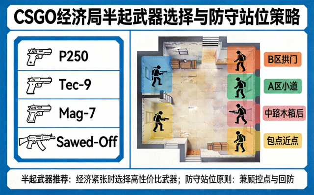 CSGO 经济局半起武器选择与防守站位策略示意图