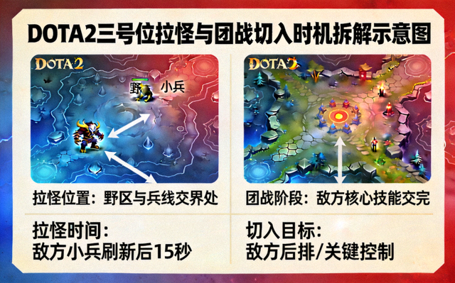 DOTA2 三号位拉怪与团战切入时机拆解示意图