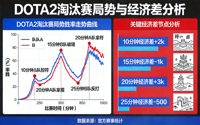 DOTA2 淘汰赛局势胜率走势曲线与关键经济差节点分析图
