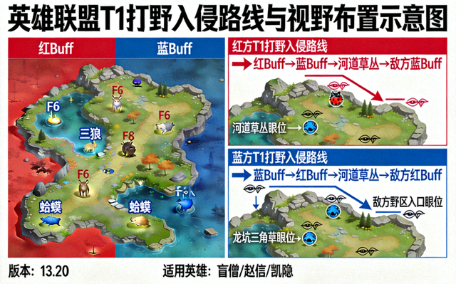 英雄联盟版本 T1 打野入侵路线规划与视野布置示意图