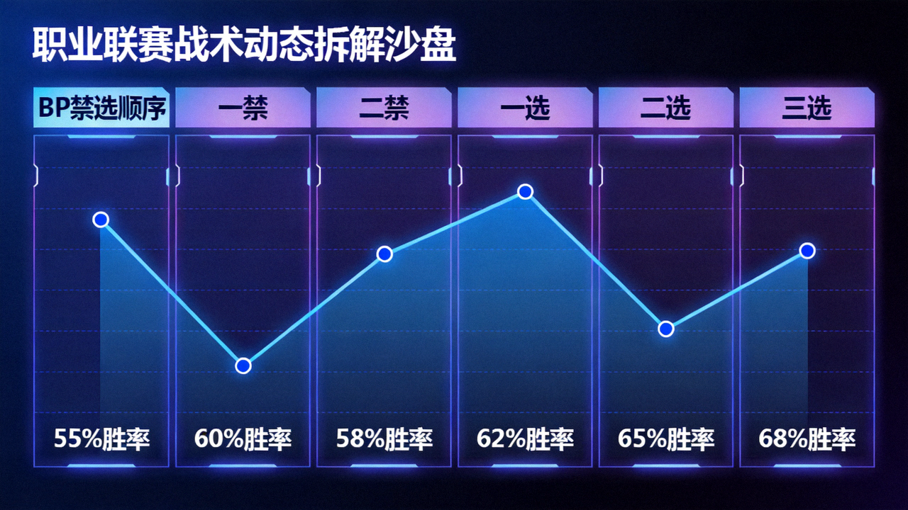 职业联赛战术动态拆解沙盘示意图，展示BP禁选顺序与局势胜率走势曲线